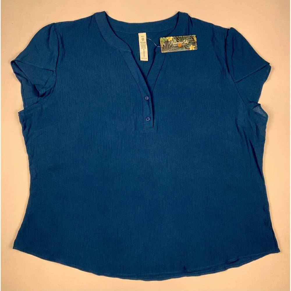 Blooming Jelly Womens XXL Teal Blue V Neck Blouse Short Sleeve Casual Top NWT